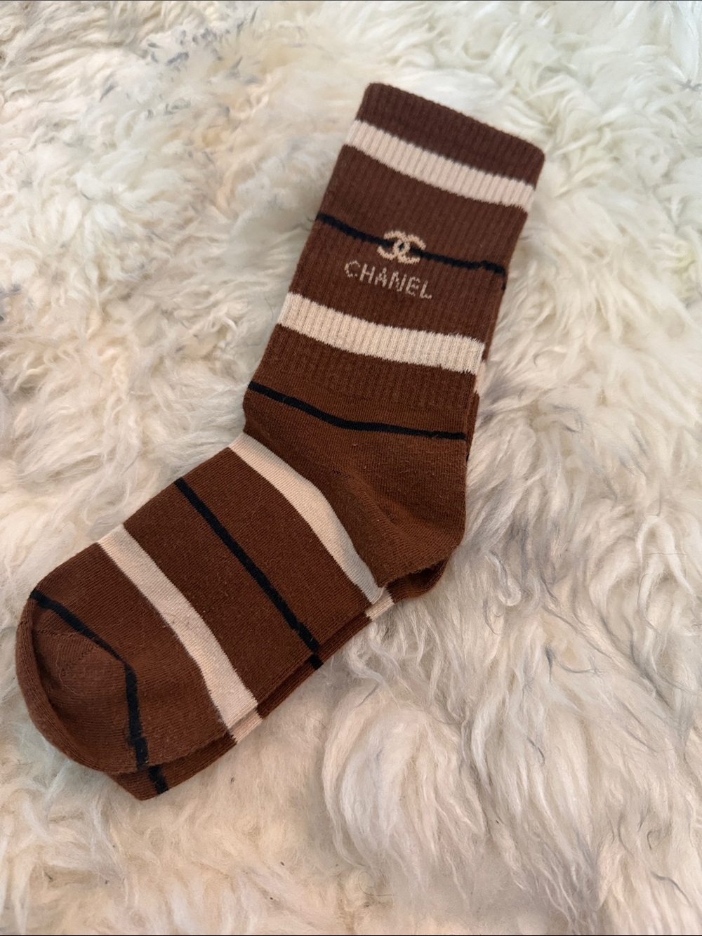 CC Boutique Brown Cream & Black Striped Crew Sock